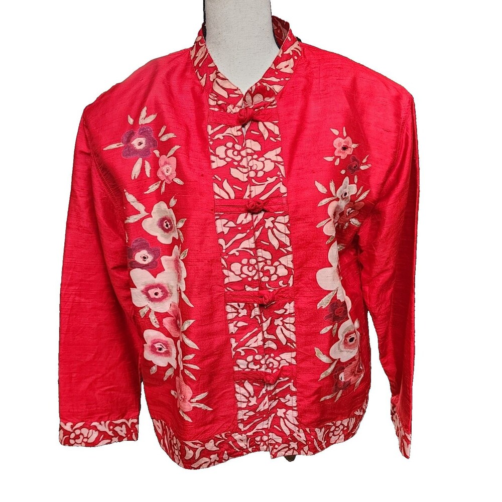 Chico's Vintage Red Silk Top Chinese-inspired Knot Button Closure Size M